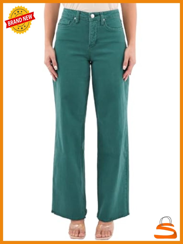 High Rise Frayed Hem Wide Leg Pants - Stretch Denim With Tummy Control Size